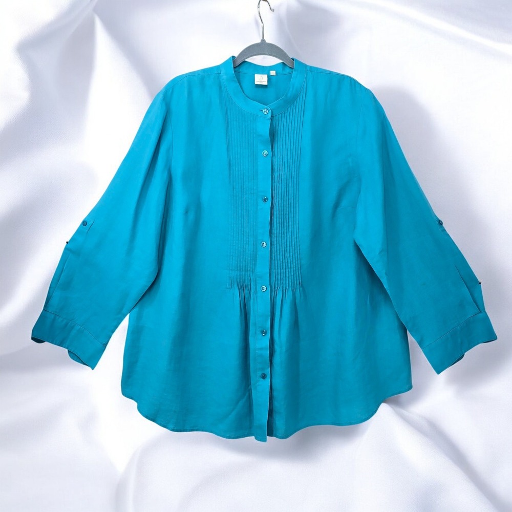 Jones New York Woman 2XL‎ Blue Linen Button Down Top Roll Tab Sleeve  Lagenlook